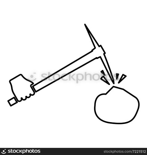 Pickaxe hit stone in hand contour outline icon black color vector illustration flat style simple image. Pickaxe hit stone in hand contour outline icon black color vector illustration flat style image