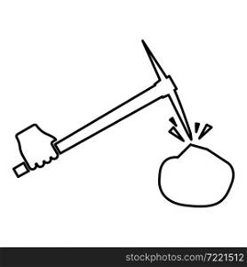 Pickaxe hit stone in hand contour outline icon black color vector illustration flat style simple image. Pickaxe hit stone in hand contour outline icon black color vector illustration flat style image