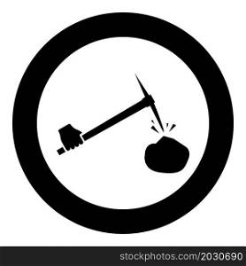 Pickaxe hit stone in hand icon in circle round black color vector illustration image solid outline style simple. Pickaxe hit stone in hand icon in circle round black color vector illustration image solid outline style