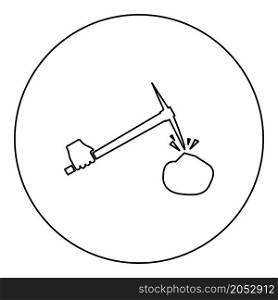 Pickaxe hit stone in hand icon in circle round black color vector illustration image outline contour line thin style simple. Pickaxe hit stone in hand icon in circle round black color vector illustration image outline contour line thin style