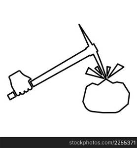 Pickaxe mining beats stones flying Holding in hand contour outline line icon black color vector illustration image thin flat style simple. Pickaxe mining beats stones flying Holding in hand contour outline line icon black color vector illustration image thin flat style