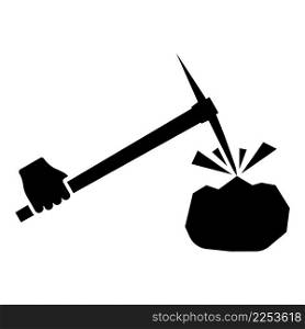Pickaxe mining beats stones flying Holding in hand icon black color vector illustration image flat style simple. Pickaxe mining beats stones flying Holding in hand icon black color vector illustration image flat style