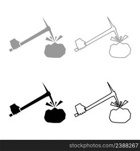 Pickaxe mining beats stones flying Holding in hand set icon grey black color vector illustration image simple solid fill outline contour line thin flat style. Pickaxe mining beats stones flying Holding in hand set icon grey black color vector illustration image solid fill outline contour line thin flat style