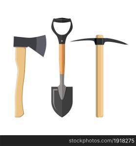 Pickaxe, shovel and ax. Tools digger or miner with wooden handle. Vector illustration in flat style. Pickaxe, shovel and ax.