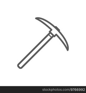 Pickaxe T-shaped hand tool used in prying isolated monochrome outline icon. Vector pick-axe to mine bitcoin, ax mining tool with wooden handle. Cryptocurrency extraction equipment linear symbol.. Ax to mine, isolated pickaxe prying mining tool