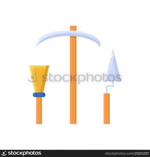 Pickaxe, trowel and tassel in a flat style for the work of archaeologists. Tools for archaeological excavations. Icons isolated on white.