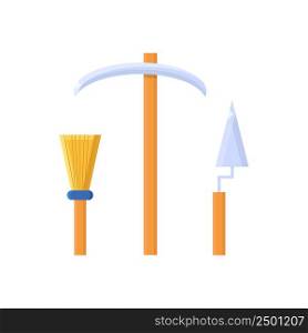 Pickaxe, trowel and tassel in a flat style for the work of archaeologists. Tools for archaeological excavations. Icons isolated on white.