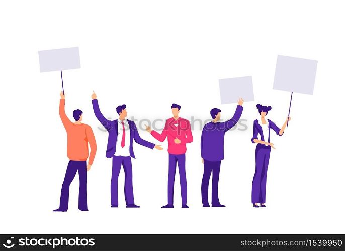 Picket office staff banner illustration. Employees of company are standing with blank posters dissatisfaction with salaries demands for higher labor standards dismissal vector management company.. Picket office staff banner illustration. Employees of company are standing with blank posters.