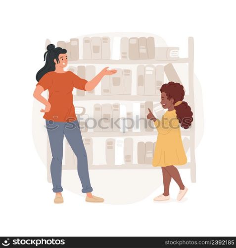 Picking a book in a library isolated cartoon vector illustration. Child choosing book from shelf, reading in library, afterschool learning, enrichment activity, early education vector cartoon.. Picking a book in a library isolated cartoon vector illustration.