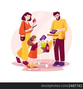 Picking goods isolated cartoon vector illustration. Kid sitting in a cart, reaching out for goods, family lifestyle, picking grocery, shopping with children, help mom choosing vector cartoon.. Picking goods isolated cartoon vector illustration.
