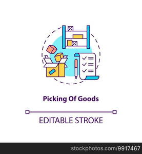 Picking of goods concept icon. Warehouse management components. Taking suplies before shipment. Mail idea thin line illustration. Vector isolated outline RGB color drawing. Editable stroke. Picking of goods concept icon