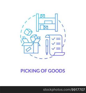 Picking of goods concept icon. Warehouse management components. Taking suplies before shipment status changes. Mail idea thin line illustration. Vector isolated outline RGB color drawing. Picking of goods concept icon