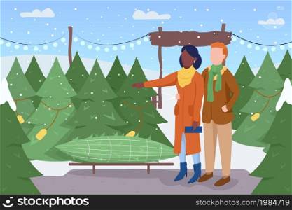 Picking pine at tree farm flat color vector illustration. Girlfriend and boyfriend choosing fir to buy at grove. Couple in winter coats 2D cartoon characters with interior on background. Picking pine at tree farm flat color vector illustration