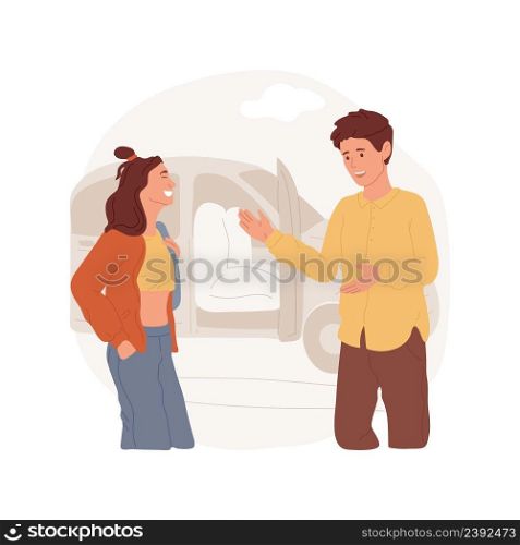 Picking up a girlfriend isolated cartoon vector illustration. Teenage boy picking up his girlfriend from home by car, romantic relationship, couple having fun together vector cartoon.. Picking up a girlfriend isolated cartoon vector illustration.