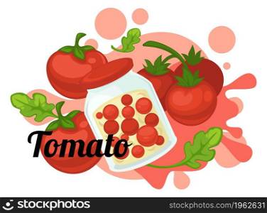 Pickled tomatoes vegetables conserved in jar, preserved veggies for winter. Organic and natural food, menu for vegetarians and vegan. Pickling with marinade in bottle glass. Vector in flat style. Conserved tomatoes, pickled vegetables in jar
