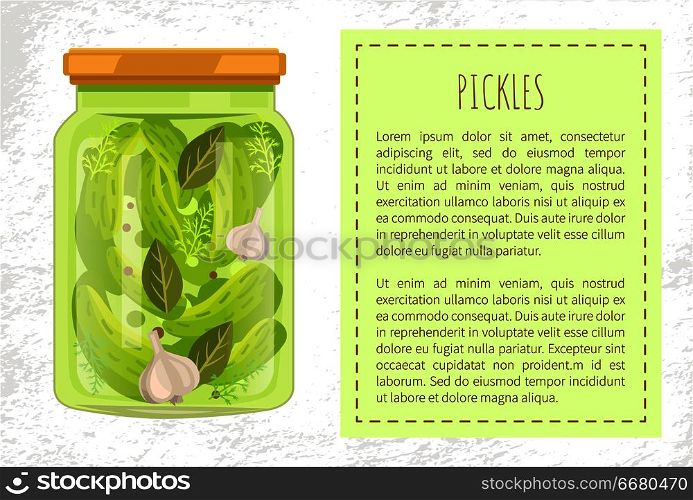 Pickles cucumbers with bay leaves and garlic, dill and pepper preserved food in glass jar vector poster. Traditional marinated veggies, canned snack. Pickles Cucumbers Bay Leaf Garlic, Dill and Pepper