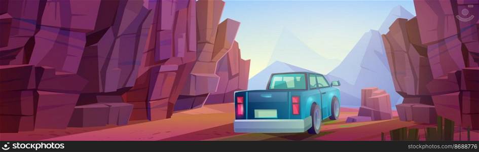 Pickup truck rides through canyon in mountains. Vector cartoon illustration of summer landscape with gorge, stone cliffs, rocks and blue car. Concept of road trip, journey by auto. Pickup truck rides through canyon in mountains