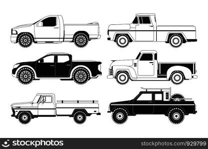 Pickup truck silhouettes. Black pictures of various automobiles. Transport pickup 4x4 collection, monochrome black, vector illustration. Pickup truck silhouettes. Black pictures of various automobiles