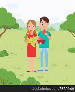 Picnic and vegetable snacks, vegans couple in park. Carrot and cabbage, apple and orange in bowl, girl and guy among trees and bushes on nature. Vector illustration in flat cartoon style. Vegans Couple in Park, Picnic and Vegetable Snacks