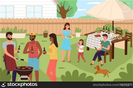 Picnic backyard. People cooking and eating grill meat in summer nature, family barbecue party. Happy men, women and children leisure outdoor together, bbq on weekend vector colorful cartoon concept. Picnic backyard. People cooking and eating grill meat in summer nature, family barbecue party. Happy men, women and children outdoor together, bbq on weekend vector cartoon concept