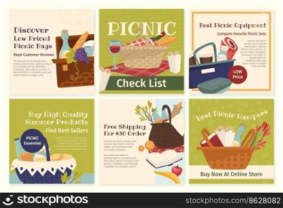 Picnic bag advertising at social media design set. Low prices for leisure equipment, online store network web page collection. Retail grocery with high quality product, vector illustration. Picnic bag advertising at social media design set