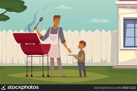 Picnic Barbecue Father Son Cartoon Poster. Summer weekend barbecue on patio lawn retro cartoon poster with bbq grill father and son vector illustration