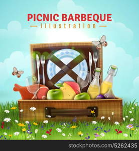 Picnic Barbecue Illustration. Picnic barbecue design with food, drink and tableware in open suitcase laying at flower meadow vector illustration