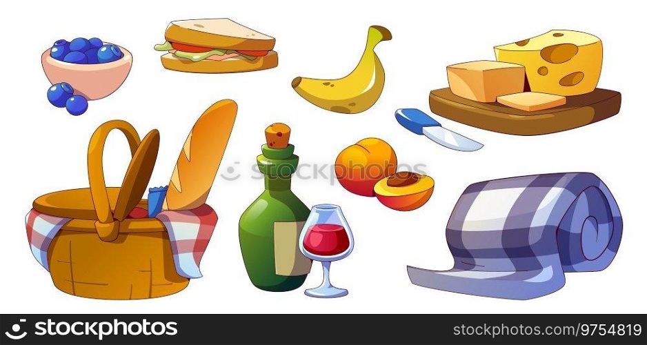 Picnic basket for fruit, food and wine icon set. Isolated bread, cheese, alcohol bottle, baguette, sandwich and blanket for outdoor party in park. Organic tasty meal for c&ing in wicker box. Picnic basket for fruit, food and wine icon set
