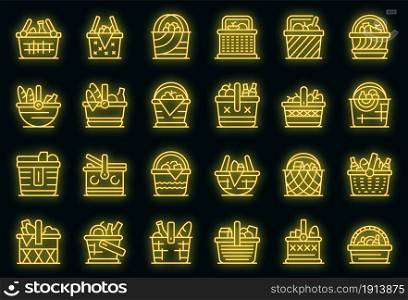 Picnic basket icons set. Outline set of picnic basket vector icons neon color on black. Picnic basket icons set vector neon