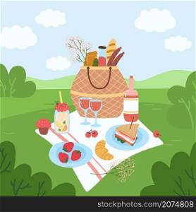 Picnic basket in park. Serving in nature. Romantic lunch in forest clearing. Eating outdoor. Tablecloth with food on grass. Wicker bag with wine bottle and sandwich. Summer recreation. Vector concept. Picnic basket in park. Serving in nature. Romantic lunch in forest clearing. Eating outdoor. Tablecloth with food on grass. Bag with wine and sandwich. Summer recreation. Vector concept