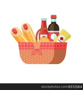 Picnic basket with food. Vector illustration.. Picnic basket with food. Drinks, hot dog, ketchup, mustard. Vector illustration. Isolated on white background.