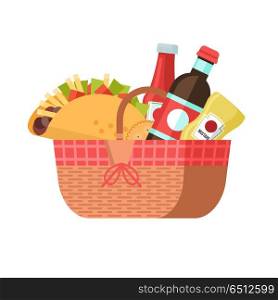 Picnic basket with food. Vector illustration.. Picnic basket with food. Drinks, tacos, ketchup, mustard. Vector illustration. Isolated on white background.