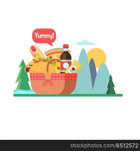 Picnic basket with food. Vector illustration.. Picnic basket with food on the background of the mountain landscape. Drinks, hamburger, hot dog, ketchup, mustard. Vector illustration.