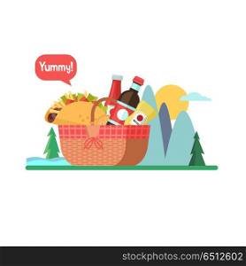 Picnic basket with food. Vector illustration.. Picnic basket with food on the background of the mountain landscape. Drinks, tacos, ketchup, mustard. Vector illustration.