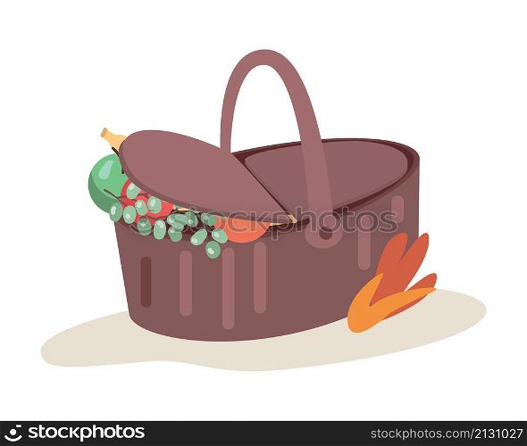 Picnic basket with fruits semi flat color vector object. Realistic item on white. Autumn activity for outdoor isolated modern cartoon style illustration for graphic design and animation. Picnic basket with fruits semi flat color vector object