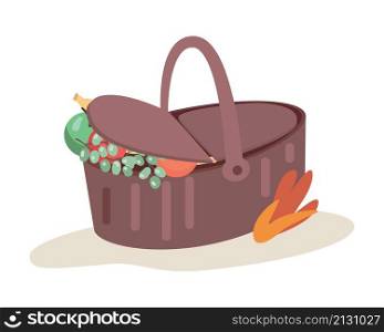 Picnic basket with fruits semi flat color vector object. Realistic item on white. Autumn activity for outdoor isolated modern cartoon style illustration for graphic design and animation. Picnic basket with fruits semi flat color vector object
