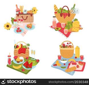 Picnic baskets compositions. Outdoor dining serving. Romantic wicker containers and blankets with lunch food. Isolated park snacks on grass. Plates or glasses on tablecloth. Vector meal straw bags set. Picnic baskets compositions. Outdoor dining serving. Romantic wicker containers and blankets with lunch food. Park snacks on grass. Plates or glasses on tablecloth. Vector meal bags set