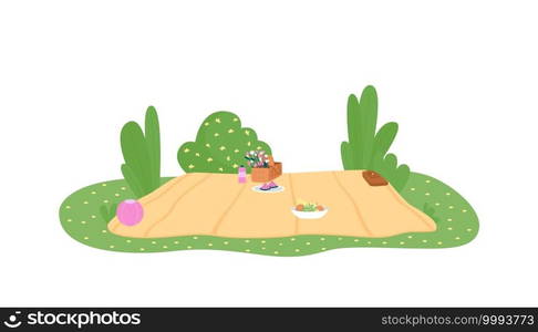 Picnic blanket 2D vector web banner, poster. Table cloth, basket with flowers. Outdoor activity flat scene on cartoon background. Seasonal spring recreation printable patch, colorful web element. Picnic blanket 2D vector web banner, poster