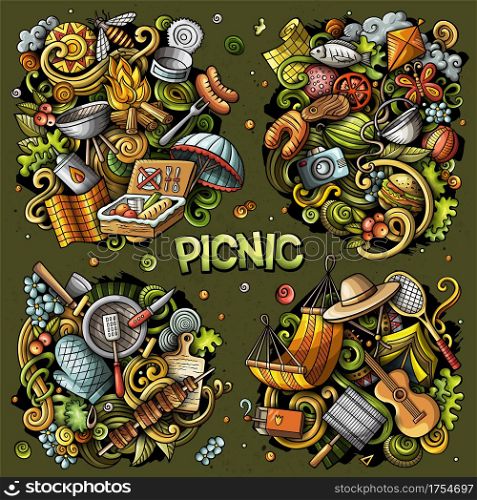 Picnic cartoon vector doodle designs set. Colorful detailed compositions with lot of food and nature objects and symbols. All items are separate. Picnic cartoon vector doodle designs set.