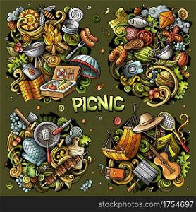 Picnic cartoon vector doodle designs set. Colorful detailed compositions with lot of food and nature objects and symbols. All items are separate. Picnic cartoon vector doodle designs set.