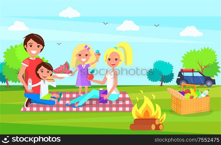 Picnic family sitting on cloth and eating watermelon vector. Car transport standing in distance, mother and father, children holding ice cream dessert. Picnic Family Sitting on Cloth Eating Watermelon