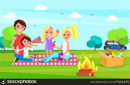 Picnic family sitting on cloth and eating watermelon vector. Car transport standing in distance, mother and father, children holding ice cream dessert. Picnic Family Sitting on Cloth Eating Watermelon