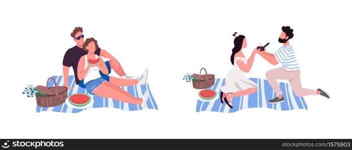 Picnic flat color vector faceless character set. Leisure activity for two people. Propose marriage. Outdoor recreation isolated cartoon illustration for web graphic design and animation collection. Picnic flat color vector faceless character set