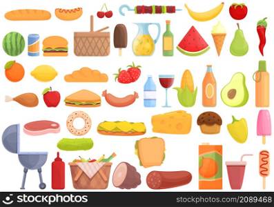 Picnic food icons set cartoon vector. Basket plates. Bag bread. Picnic food icons set cartoon vector. Basket plates