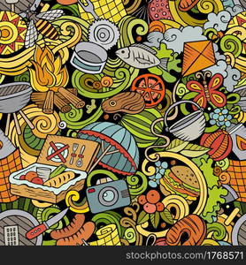 Picnic hand drawn doodles seamless pattern. BBQ background. Cartoon food and nature fabric print design. Colorful vector barbecue and grill illustration. Picnic hand drawn doodles seamless pattern. BBQ background.