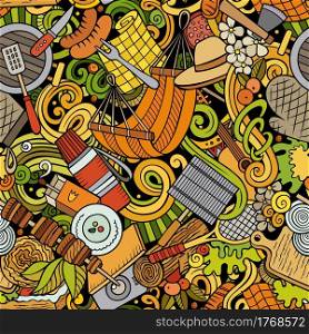 Picnic hand drawn doodles seamless pattern. BBQ background. Cartoon food and nature fabric print design. Colorful vector barbecue and grill illustration. Picnic hand drawn doodles seamless pattern. BBQ background.