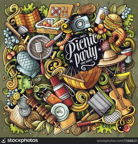 Picnic hand drawn vector doodles illustration. BBQ poster design. Family party elements and objects cartoon background. Bright colors funny picture. All items are separated. Picnic hand drawn vector doodles illustration. BBQ poster design.