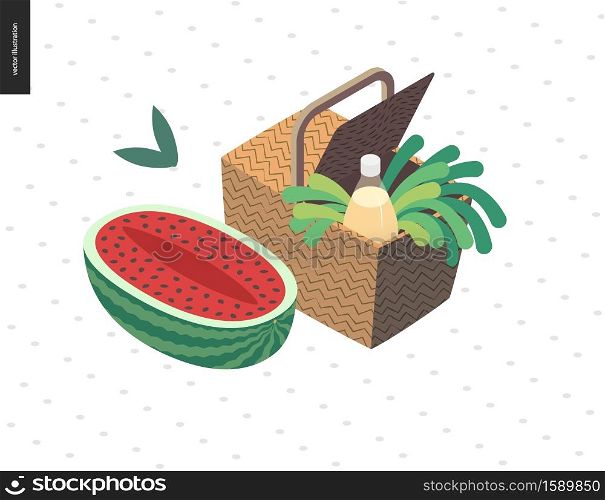 Picnic image - flat cartoon vector illustration of picnic wicker basket with lemonade bottle, white wine, greenery salad, green onion, grass, leaves, half of watermelon by the side - summer postcard. Picnic image summer postcard