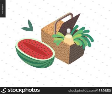 Picnic image - flat cartoon vector illustration of picnic wicker basket with lemonade bottle, white wine, greenery salad, green onion, grass, leaves, half of watermelon by the side - summer postcard. Picnic image summer postcard