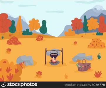 Picnic in autumn forest semi flat vector illustration. Camping in woods. Hiking for family recreation time in countryside. Pot on bonfire. Fall seasonal 2D cartoon landscape for commercial use. Picnic in autumn forest semi flat vector illustration